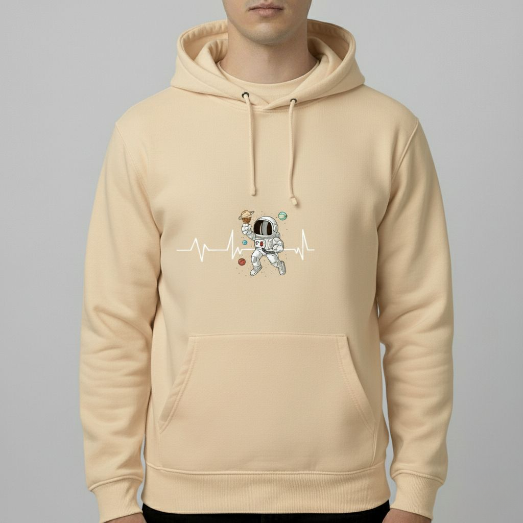 Astronaut Heartbeat Hoodie – Space Explorer Graphic Pullover | Black & Beige
