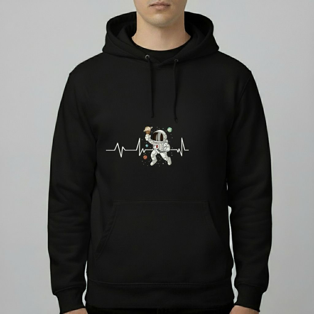 Astronaut Heartbeat Hoodie – Space Explorer Graphic Pullover | Black & Beige