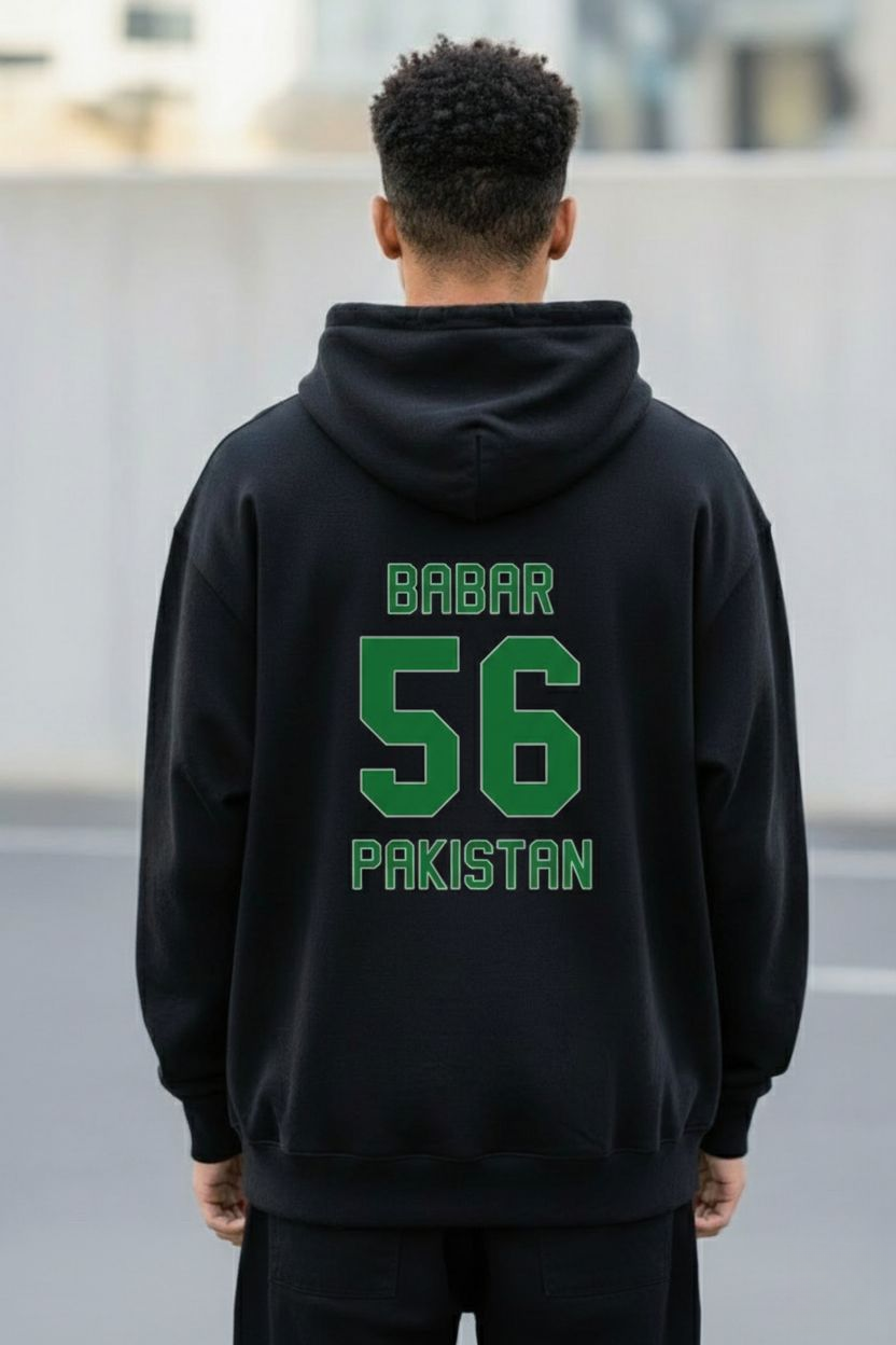Babar 56 Hoodie – Black Cricket Edition with Green Print & Durya Front Logo