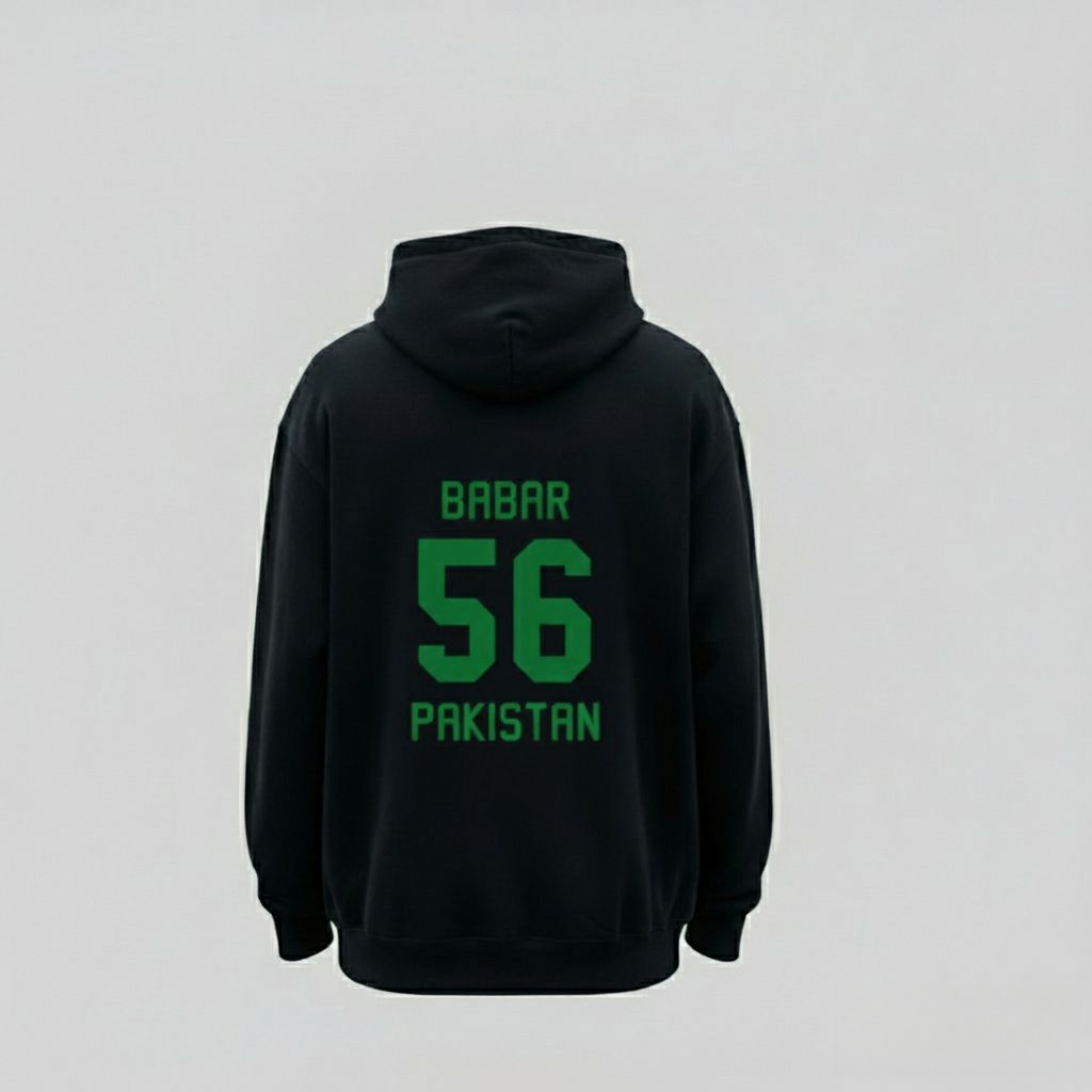Babar 56 Hoodie – Black Cricket Edition with Green Print & Durya Front Logo