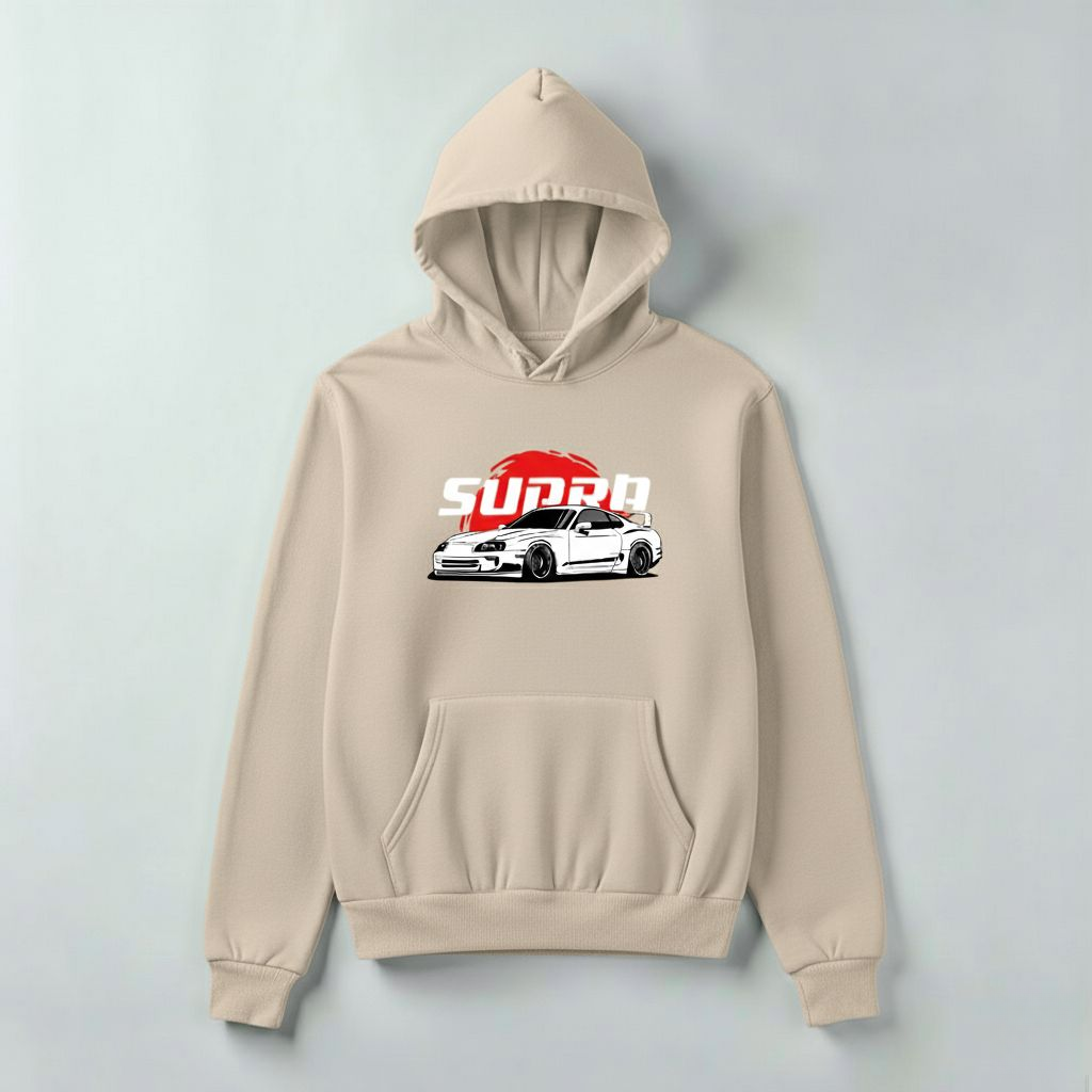 Supra JDM Car Hoodie – Street Racing Graphic Hoodie in Beige, Black & Grey