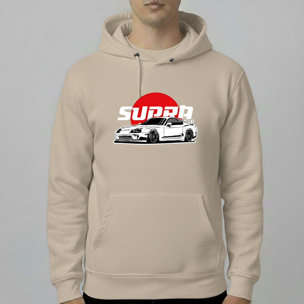 Supra JDM Car Hoodie – Street Racing Graphic Hoodie in Beige, Black & Grey