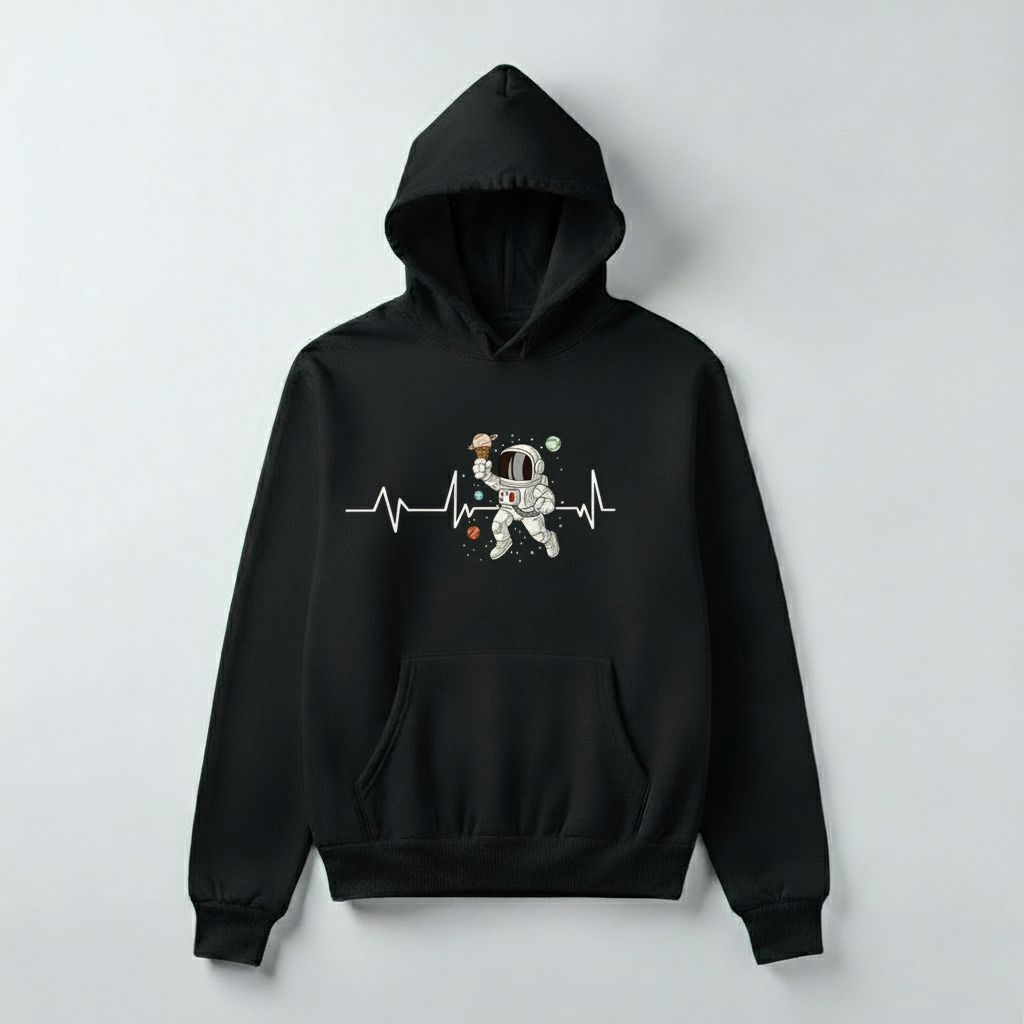 Astronaut Heartbeat Hoodie – Space Explorer Graphic Pullover | Black & Beige