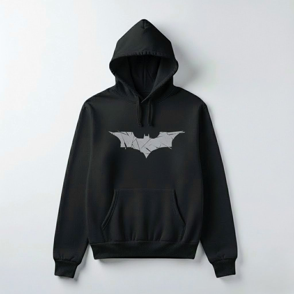 Abstract Bat Emblem Hoodie | Minimal Hero Graphic Pullover | Unisex Streetwear in Black, Gray & White