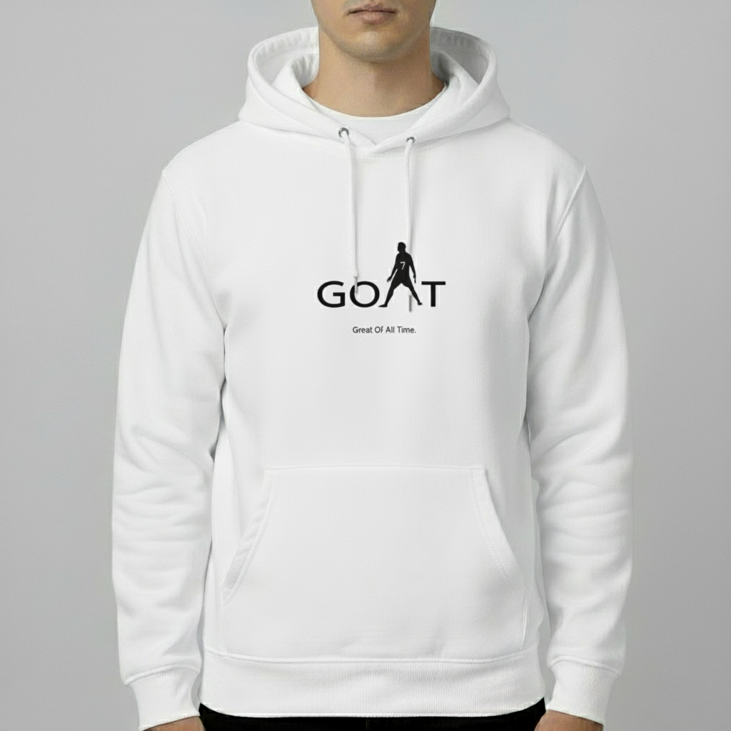 Cristiano Ronaldo GOAT Hoodie – Great Of All Time Graphic Pullover (Black & White)