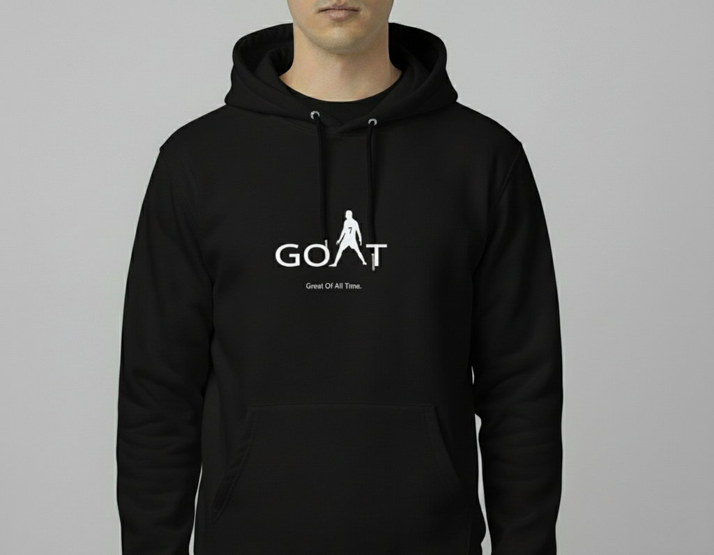 Cristiano Ronaldo GOAT Hoodie – Great Of All Time Graphic Pullover (Black & White)