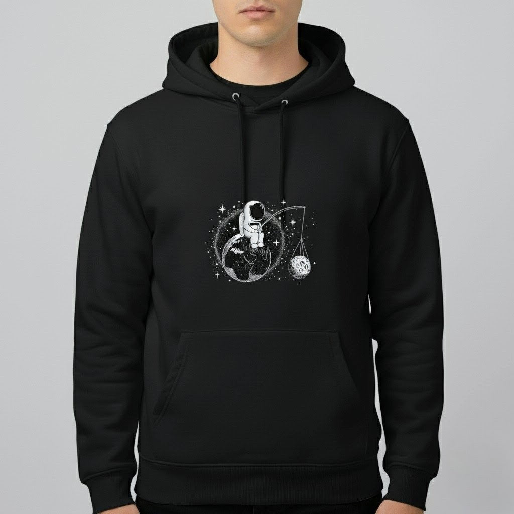 Cosmic Angler Hoodie – Astronaut Fishing for the Moon | Premium Space Graphic Unisex Pullover by Durya