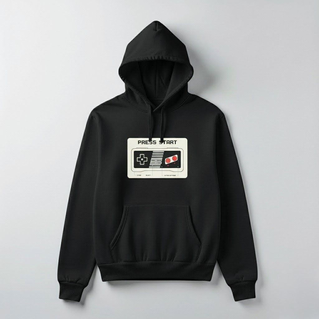 Retro Gamer “Press Start” Hoodie – Vintage Game Controller Graphic | Unisex Streetwear by Durya