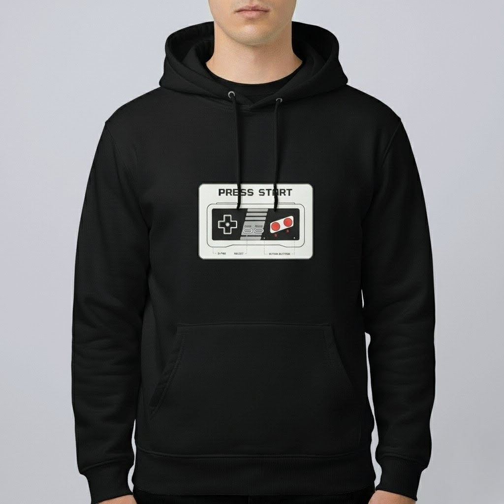 Retro Gamer “Press Start” Hoodie – Vintage Game Controller Graphic | Unisex Streetwear by Durya