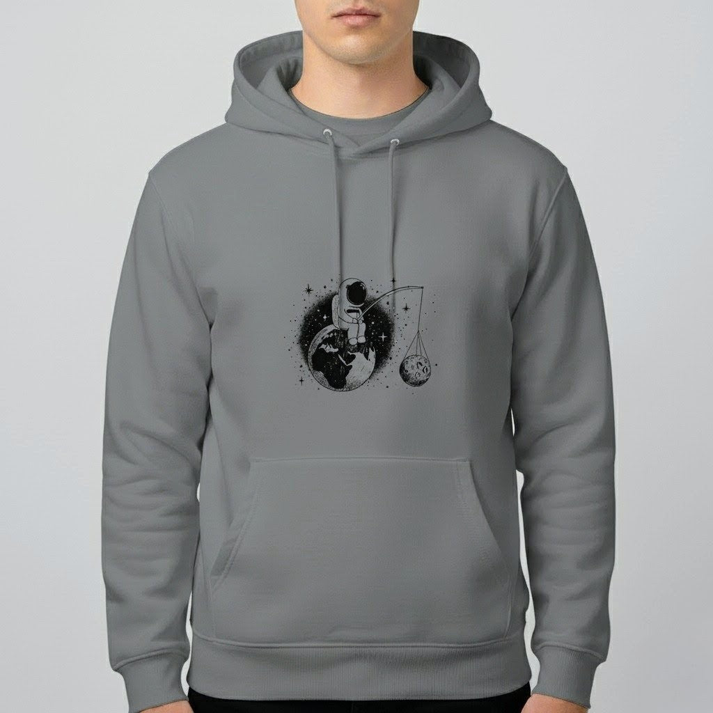 Cosmic Angler Hoodie – Astronaut Fishing for the Moon | Premium Space Graphic Unisex Pullover by Durya