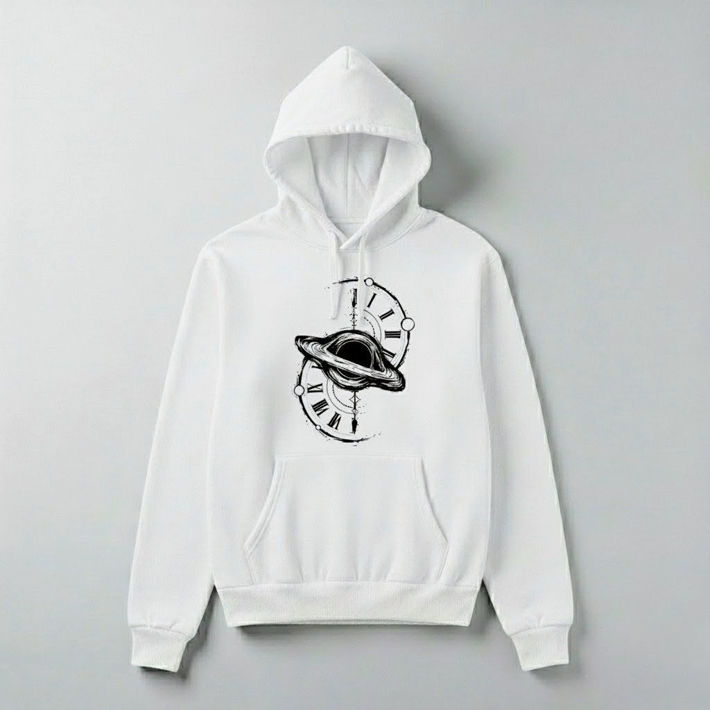 Space Time Saturn Ring Clock Graphic Hoodie - White Unisex Pullover