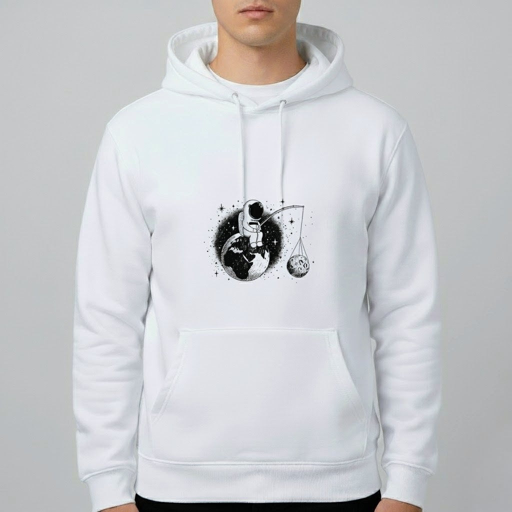 Cosmic Angler Hoodie – Astronaut Fishing for the Moon | Premium Space Graphic Unisex Pullover by Durya