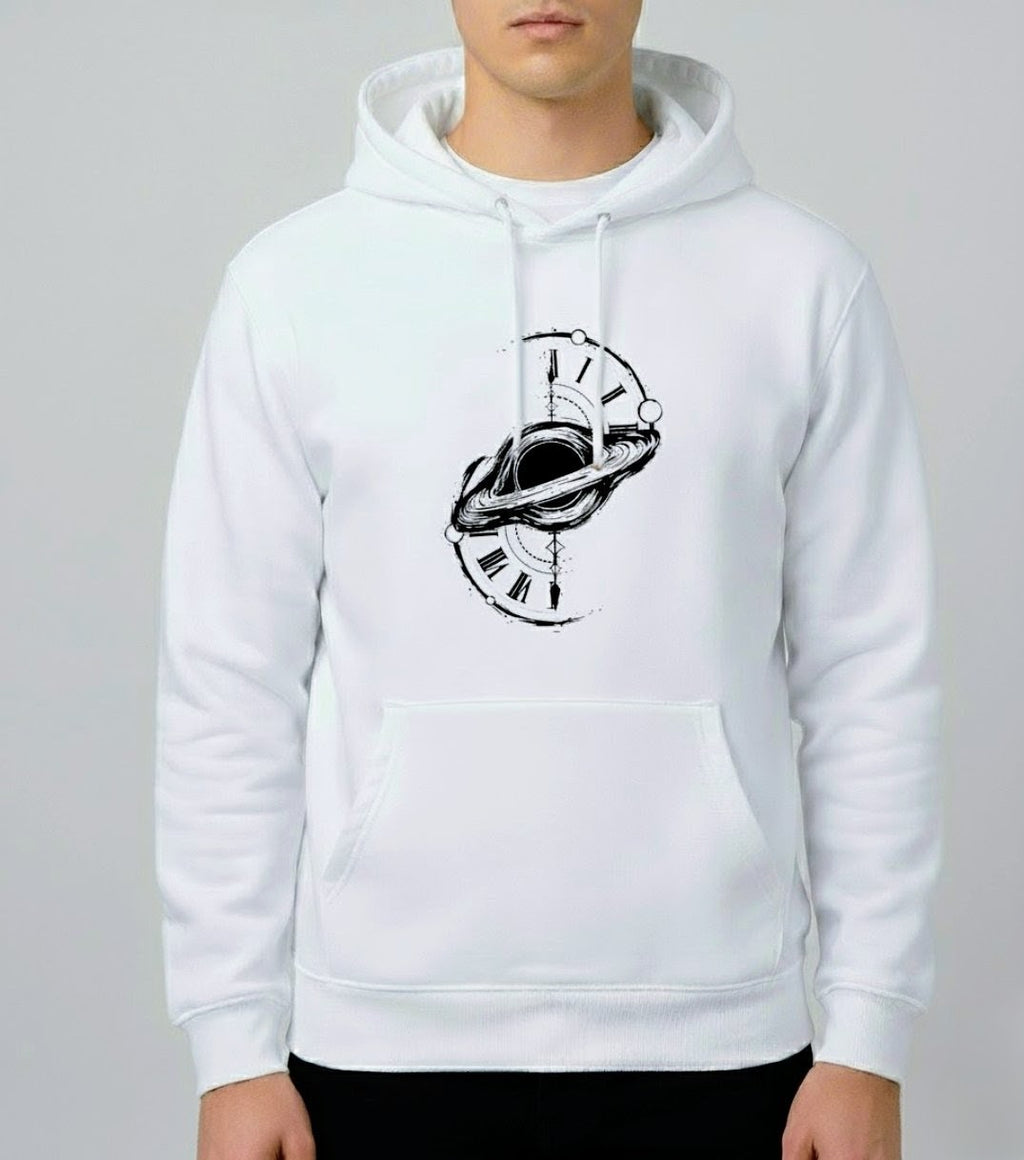 Space Time Saturn Ring Clock Graphic Hoodie - White Unisex Pullover