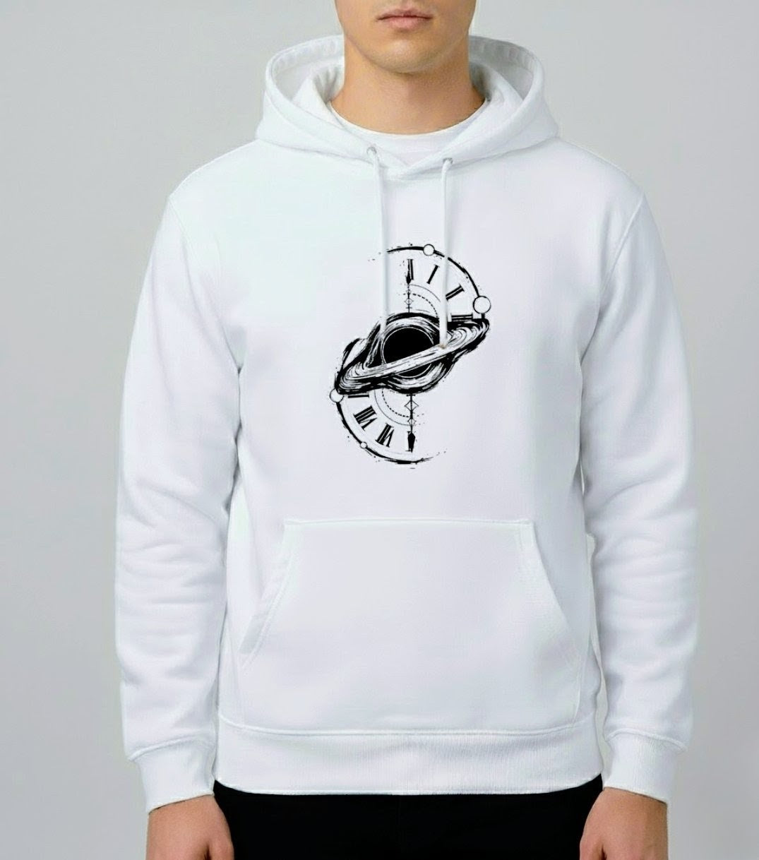 Space Time Saturn Ring Clock Graphic Hoodie - White Unisex Pullover