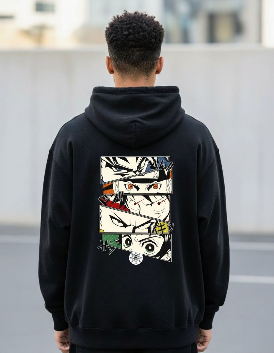 Anime Eyes Collage Hoodie – Bold Manga Panel Design (Available in Black & White)