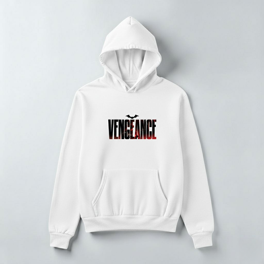 Batman Vengeance Hoodie – Bold DC Comics Streetwear (White & Grey)