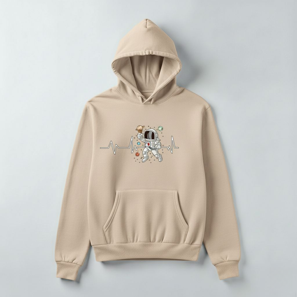 Astronaut Heartbeat Hoodie – Space Explorer Graphic Pullover | Black & Beige