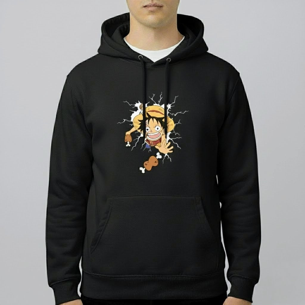One Piece Luffy “Meat Catch” Graphic Hoodie – Anime Streetwear Pullover (Black, Red, White)