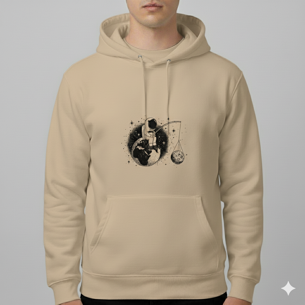 Cosmic Angler Hoodie – Astronaut Fishing for the Moon | Premium Space Graphic Unisex Pullover by Durya