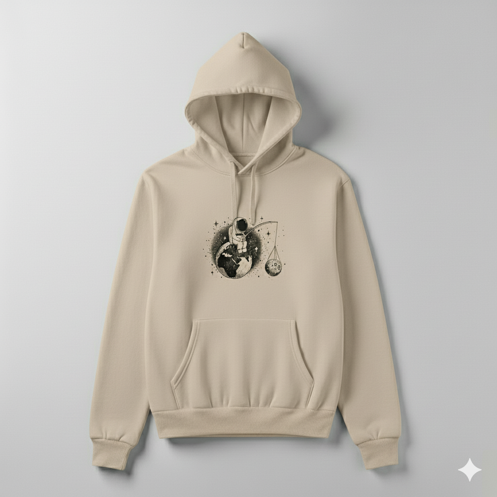 Cosmic Angler Hoodie – Astronaut Fishing for the Moon | Premium Space Graphic Unisex Pullover by Durya