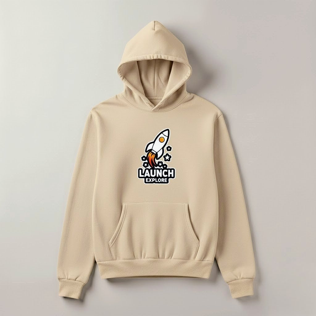 Launch & Explore Rocket Graphic Hoodie | Unisex Space-Inspired Pullover (Black, Gray, Beige, White)