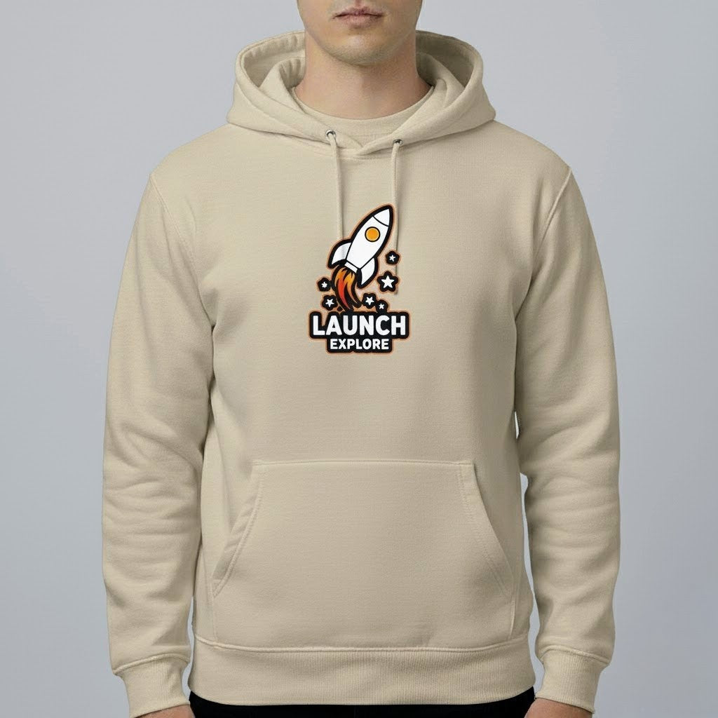 Launch & Explore Rocket Graphic Hoodie | Unisex Space-Inspired Pullover (Black, Gray, Beige, White)