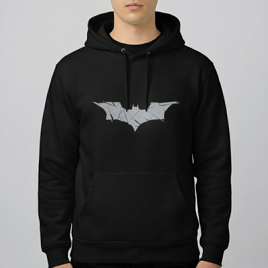 Abstract Bat Emblem Hoodie | Minimal Hero Graphic Pullover | Unisex Streetwear in Black, Gray & White