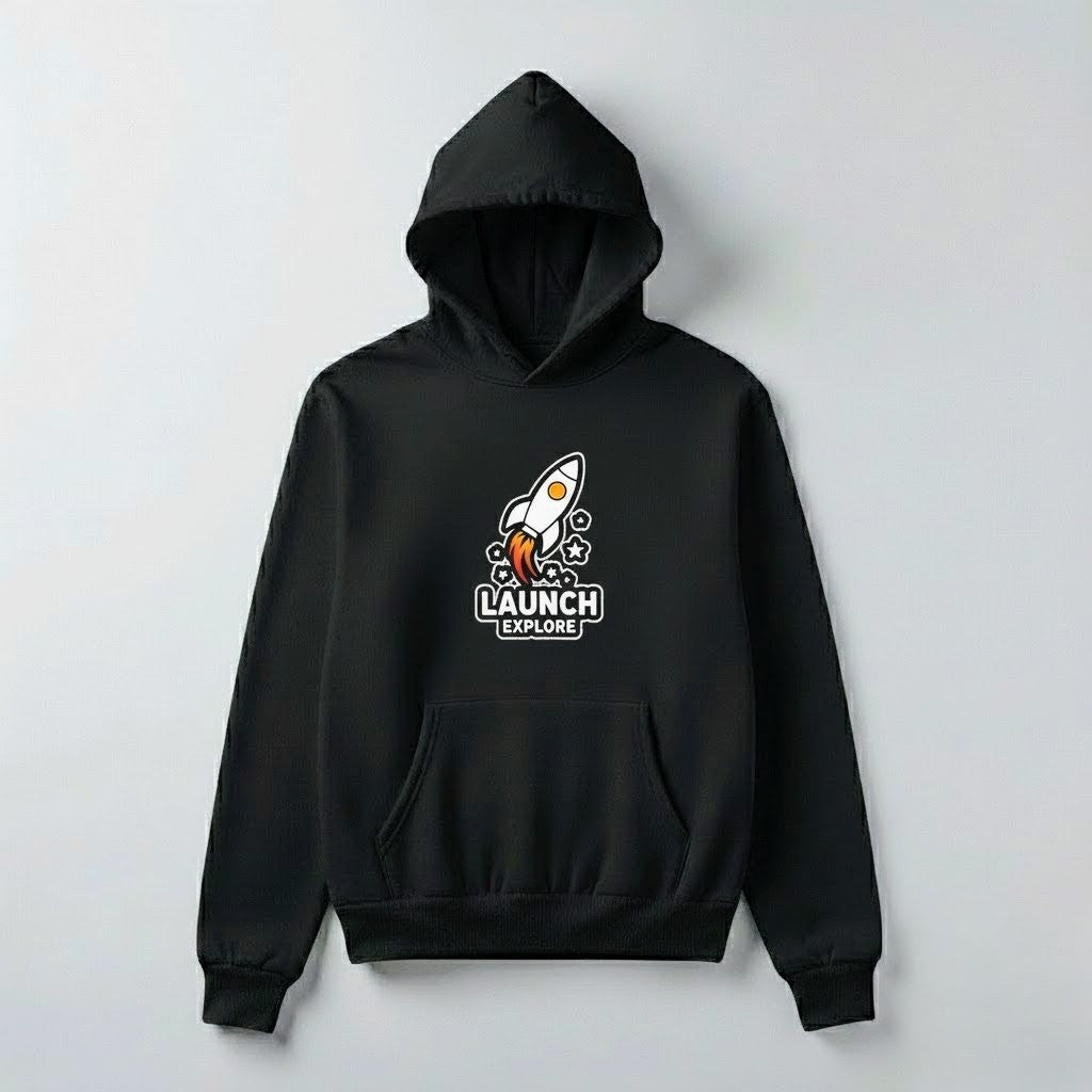 Launch & Explore Rocket Graphic Hoodie | Unisex Space-Inspired Pullover (Black, Gray, Beige, White)