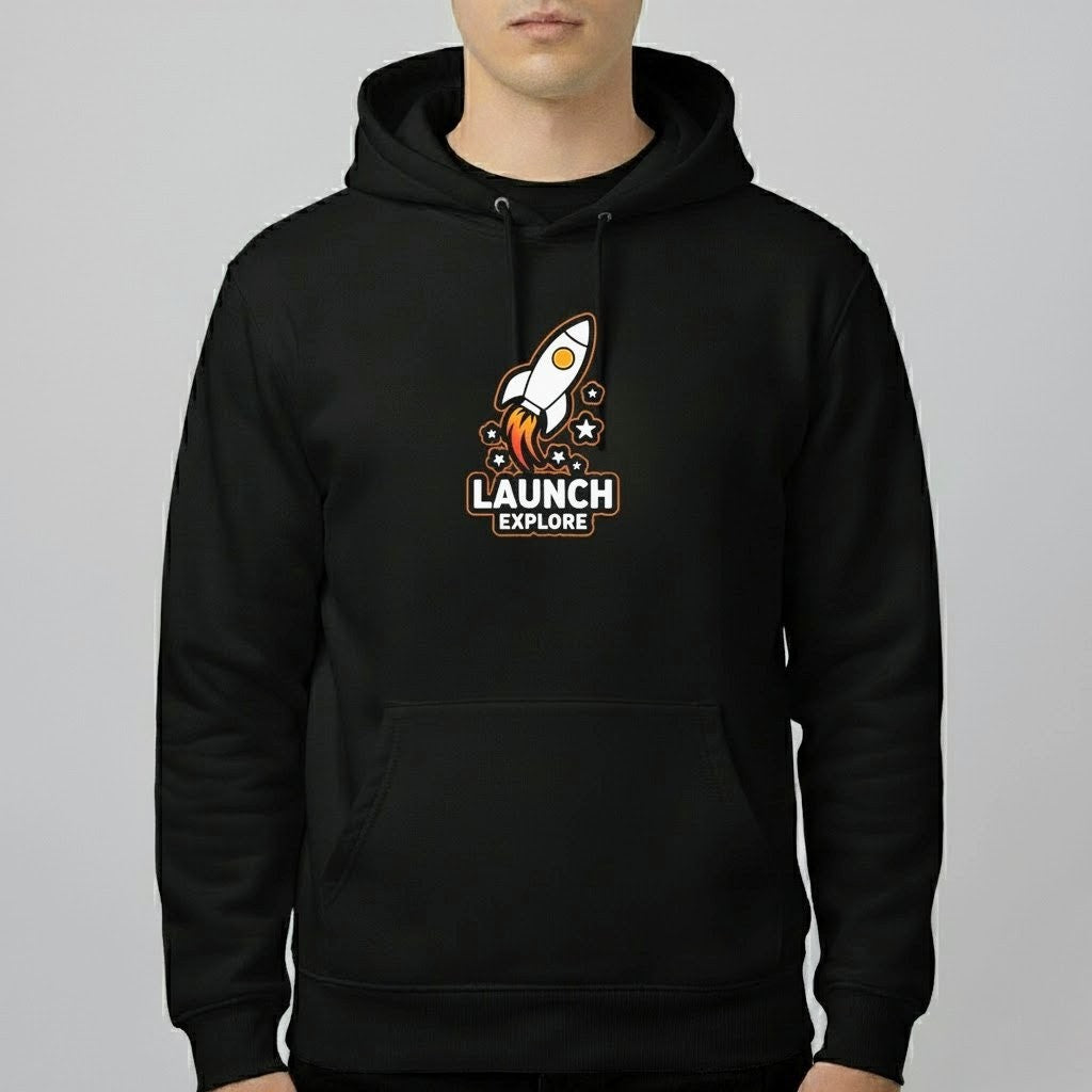 Launch & Explore Rocket Graphic Hoodie | Unisex Space-Inspired Pullover (Black, Gray, Beige, White)