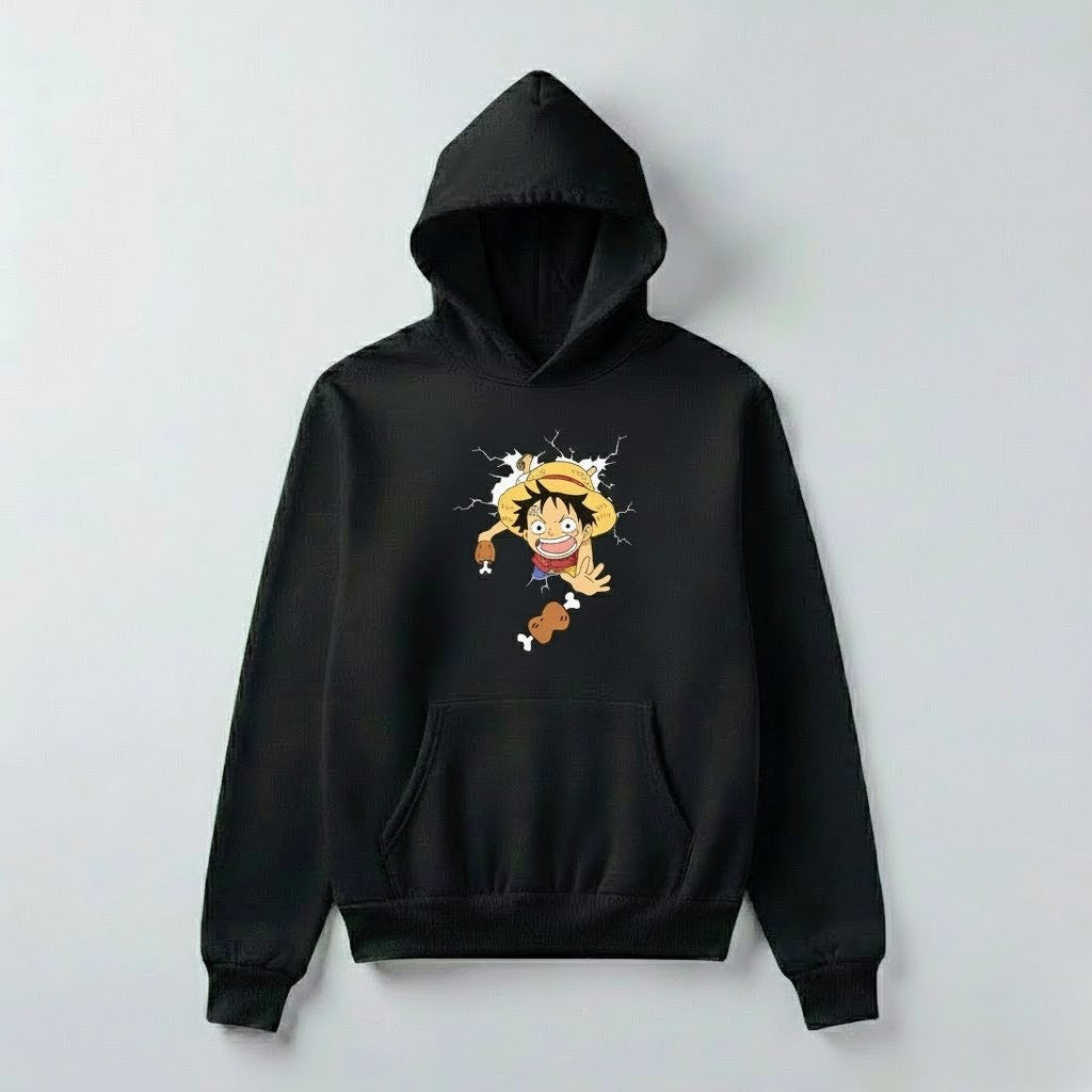 One Piece Luffy “Meat Catch” Graphic Hoodie – Anime Streetwear Pullover (Black, Red, White)