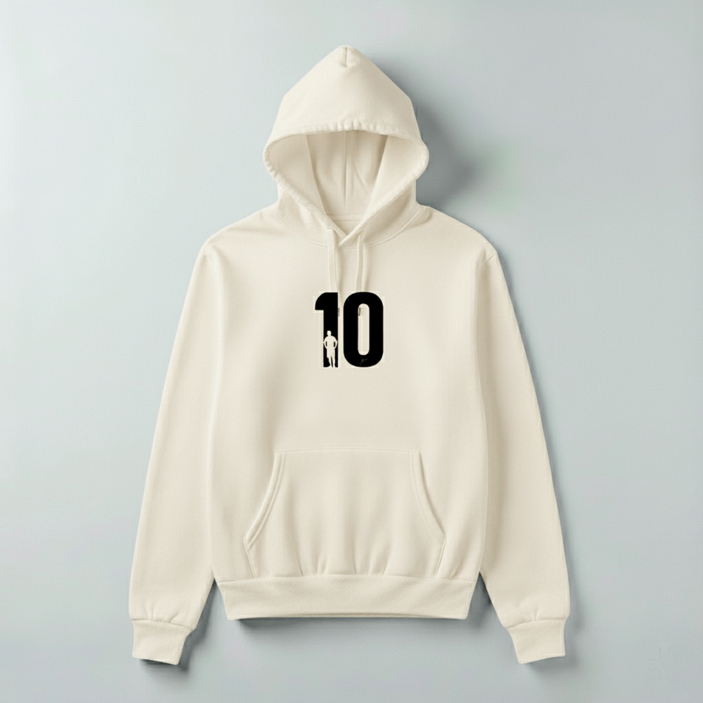 Messi No. 10 Hoodie – Iconic Football Legend Pullover (White & Beige Unisex Sweatshirt)