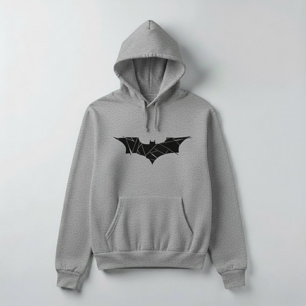 Abstract Bat Emblem Hoodie | Minimal Hero Graphic Pullover | Unisex Streetwear in Black, Gray & White