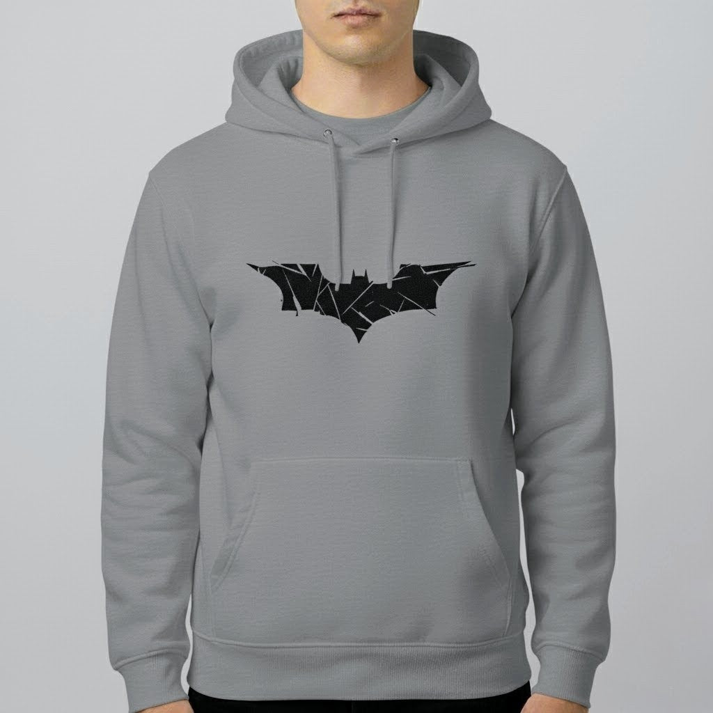 Abstract Bat Emblem Hoodie | Minimal Hero Graphic Pullover | Unisex Streetwear in Black, Gray & White