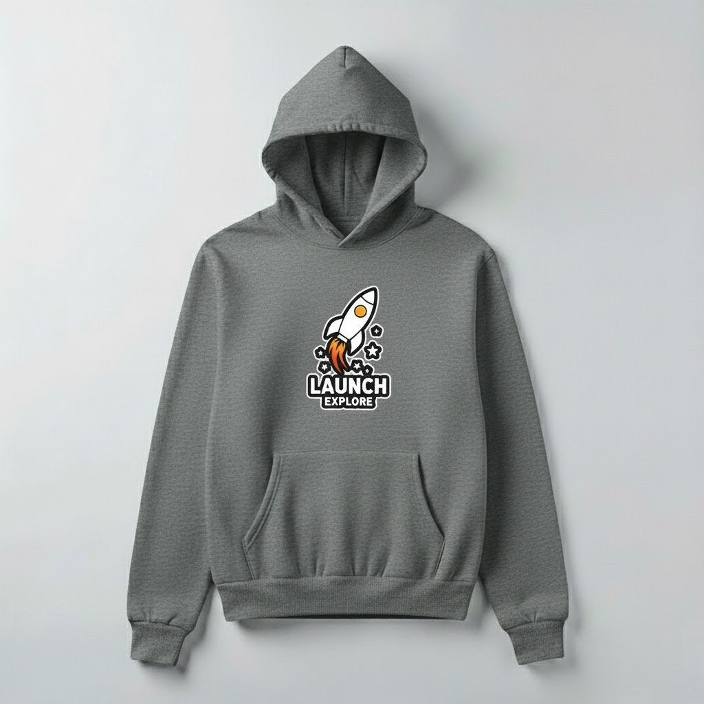 Launch & Explore Rocket Graphic Hoodie | Unisex Space-Inspired Pullover (Black, Gray, Beige, White)