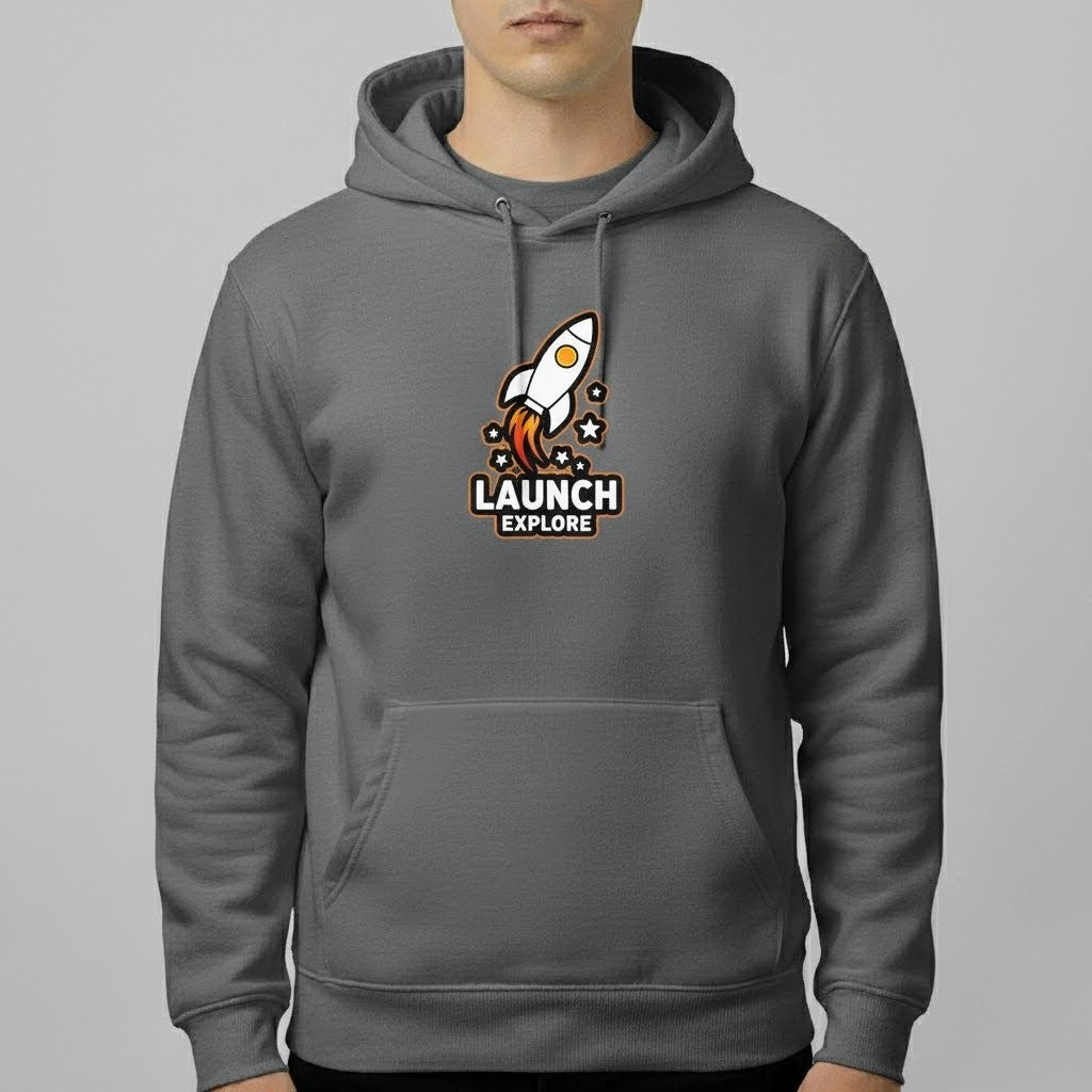 Launch & Explore Rocket Graphic Hoodie | Unisex Space-Inspired Pullover (Black, Gray, Beige, White)
