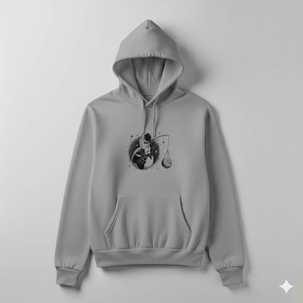 Cosmic Angler Hoodie – Astronaut Fishing for the Moon | Premium Space Graphic Unisex Pullover by Durya