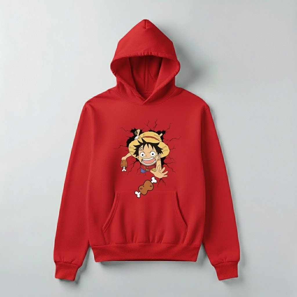 One Piece Luffy “Meat Catch” Graphic Hoodie – Anime Streetwear Pullover (Black, Red, White)