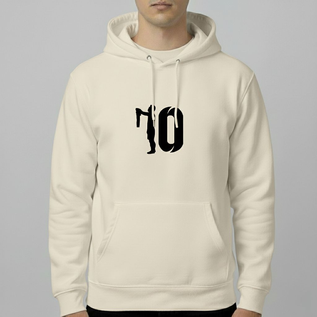 Cold Messi Celebration Hoodie – Iconic No. 10 Graphic Pullover (Black, White & Beige)