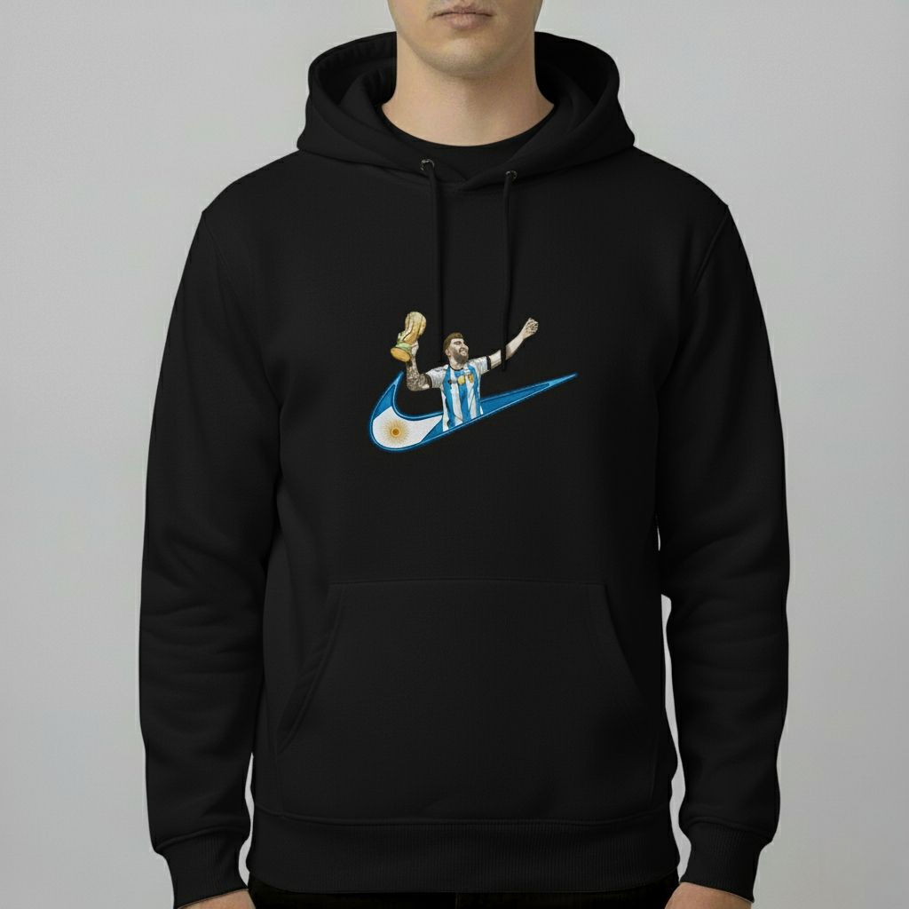Messi World Cup Champion x Nike Inspired Hoodie – Graphic Pullover | Black, Beige & Grey