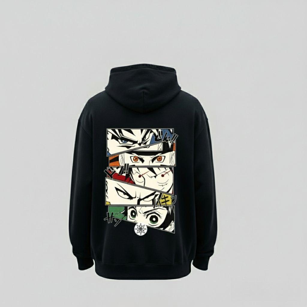 Anime Eyes Collage Hoodie – Bold Manga Panel Design (Available in Black & White)