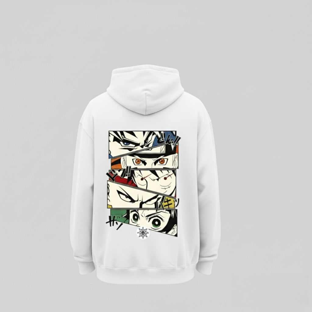 Anime Eyes Collage Hoodie – Bold Manga Panel Design (Available in Black & White)