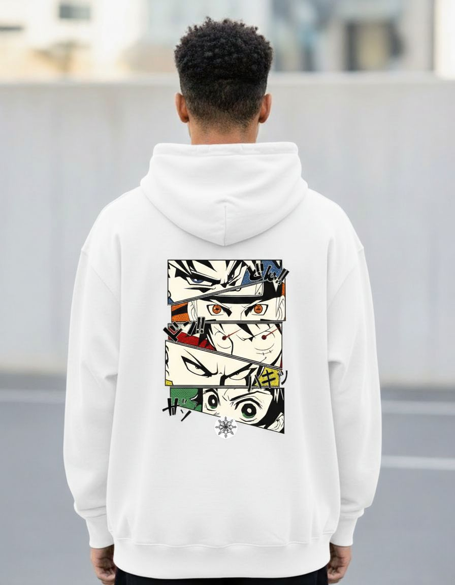 Anime Eyes Collage Hoodie – Bold Manga Panel Design (Available in Black & White)
