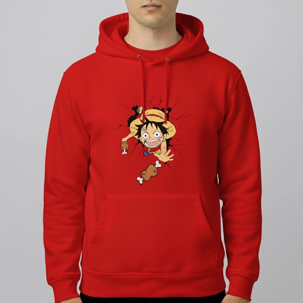 One Piece Luffy “Meat Catch” Graphic Hoodie – Anime Streetwear Pullover (Black, Red, White)