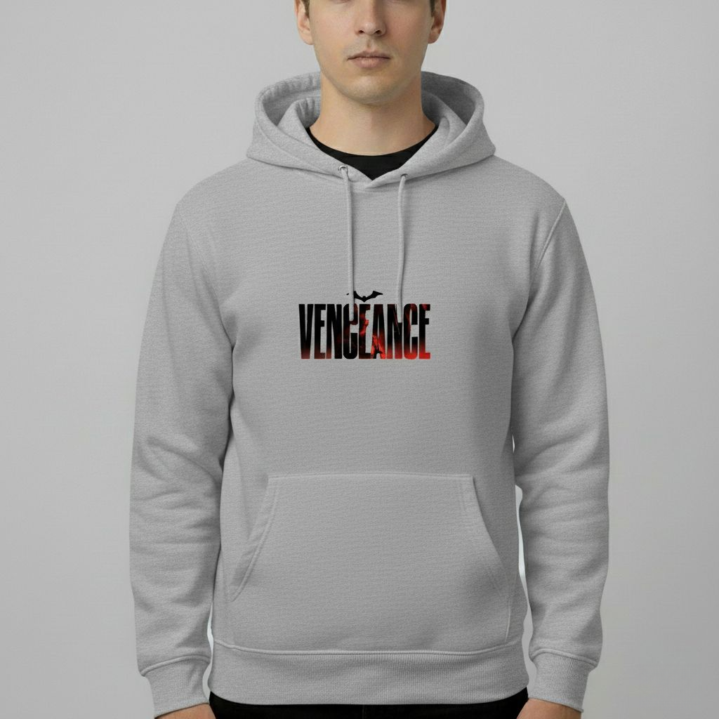 Batman Vengeance Hoodie – Bold DC Comics Streetwear (White & Grey)
