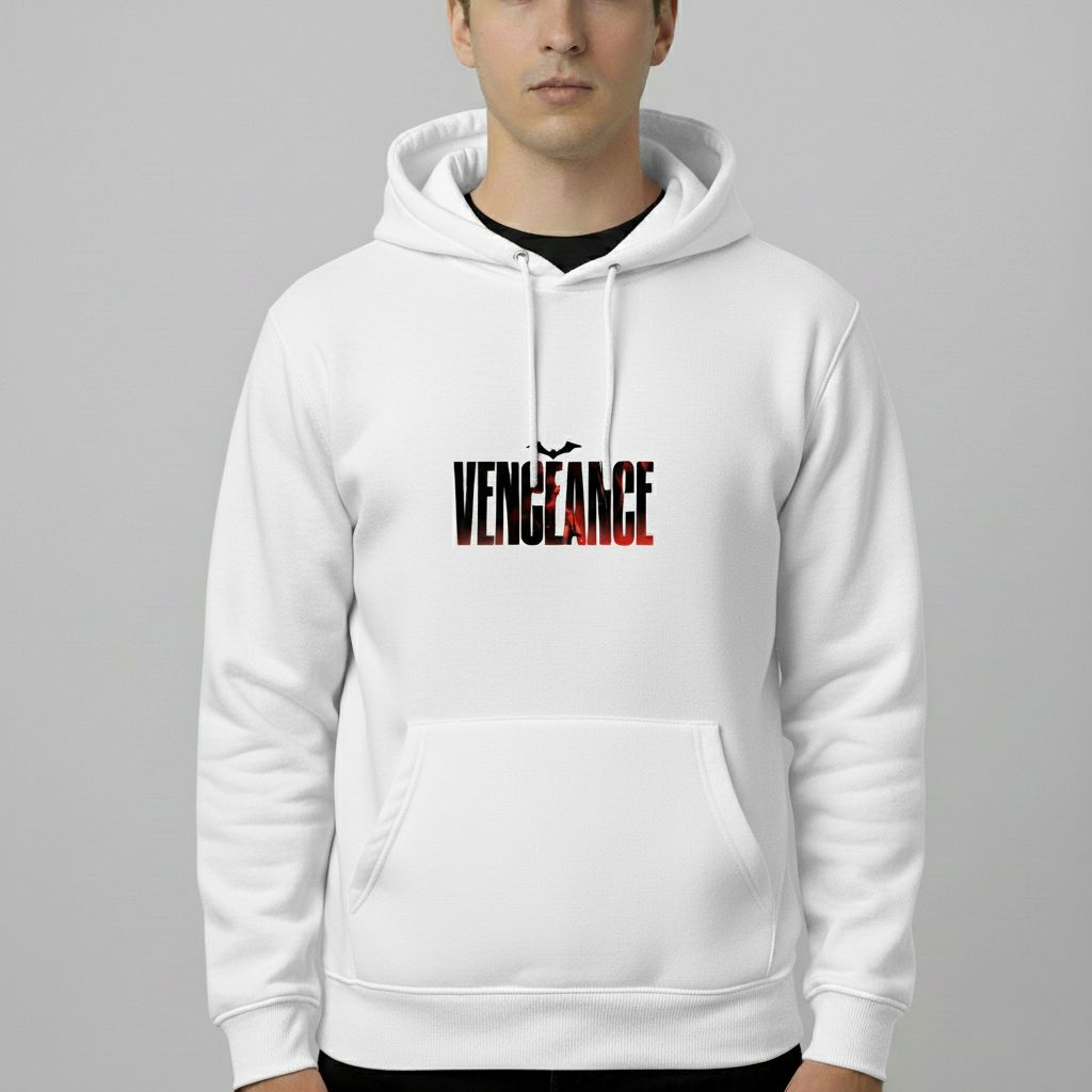 Batman Vengeance Hoodie – Bold DC Comics Streetwear (White & Grey)