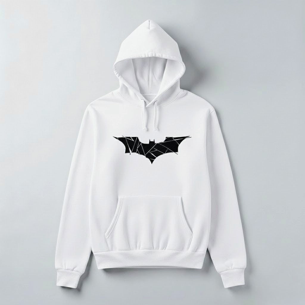 Abstract Bat Emblem Hoodie | Minimal Hero Graphic Pullover | Unisex Streetwear in Black, Gray & White