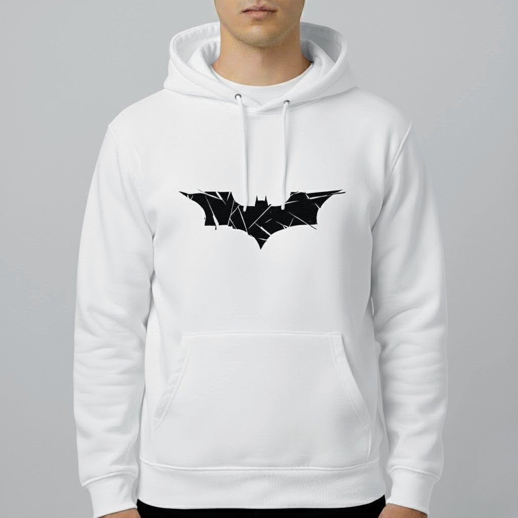 Abstract Bat Emblem Hoodie | Minimal Hero Graphic Pullover | Unisex Streetwear in Black, Gray & White