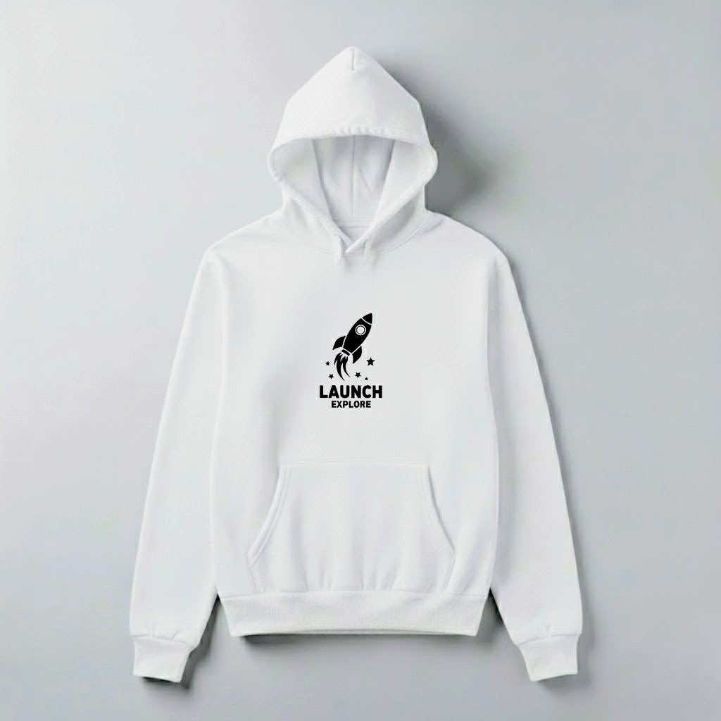 Launch & Explore Rocket Graphic Hoodie | Unisex Space-Inspired Pullover (Black, Gray, Beige, White)