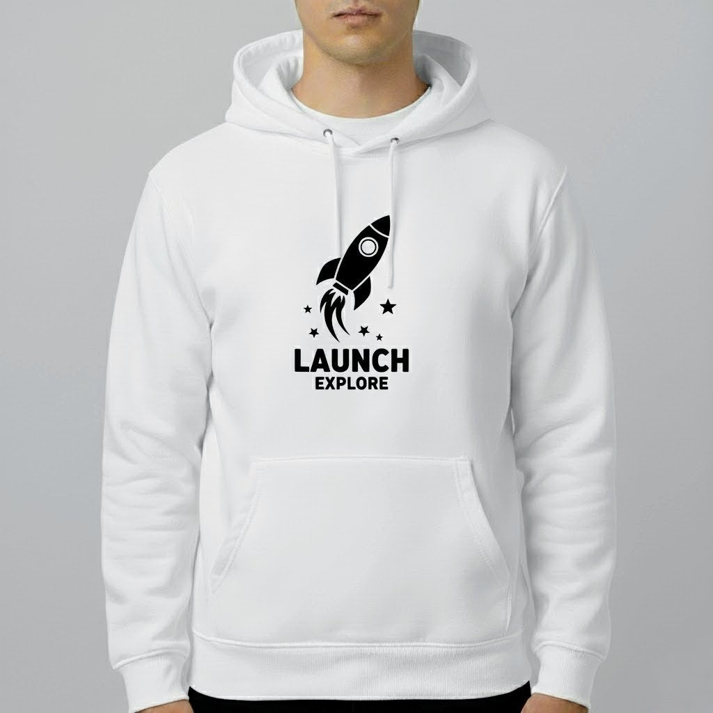 Launch & Explore Rocket Graphic Hoodie | Unisex Space-Inspired Pullover (Black, Gray, Beige, White)