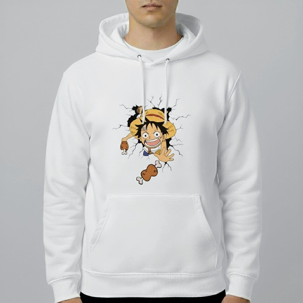 One Piece Luffy “Meat Catch” Graphic Hoodie – Anime Streetwear Pullover (Black, Red, White)